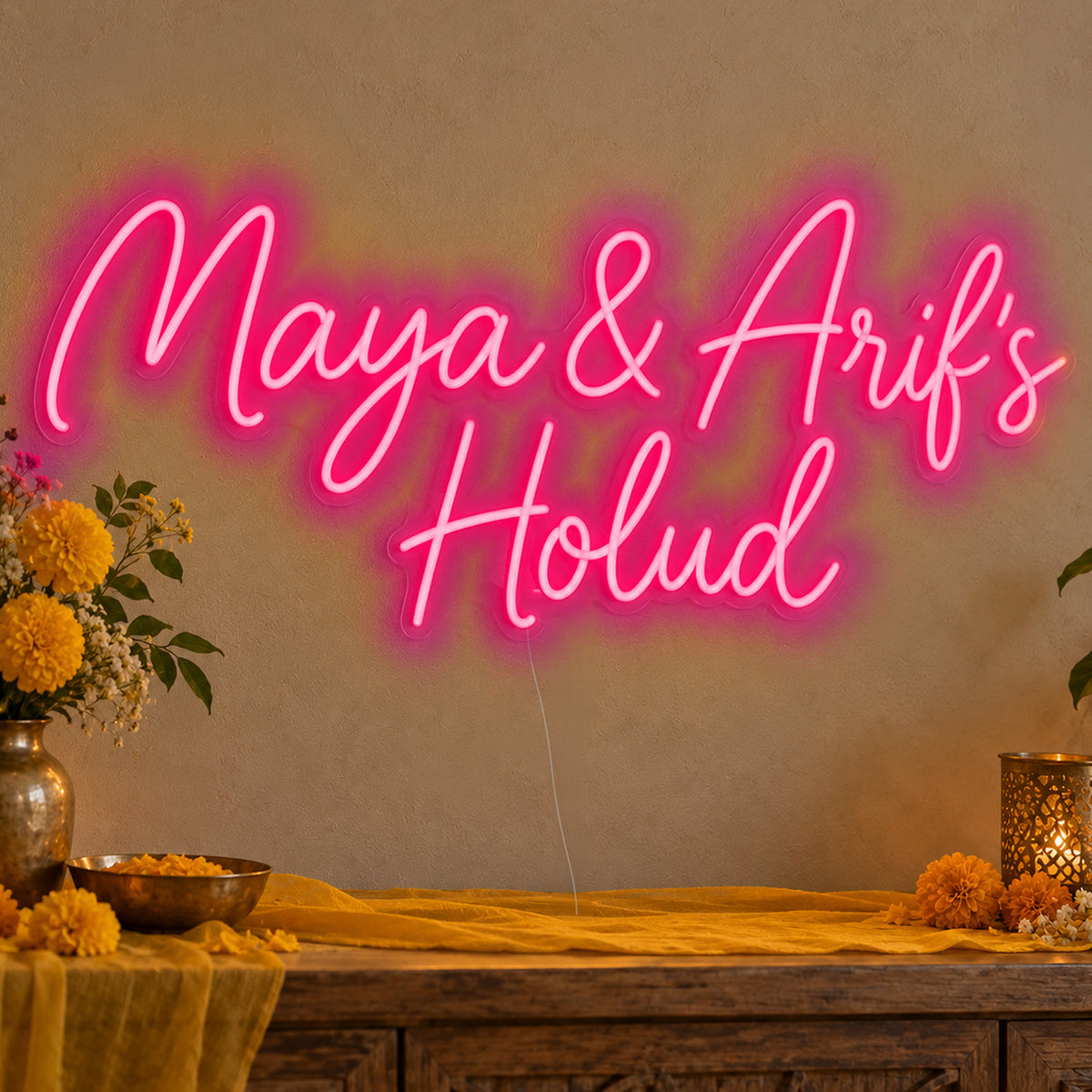 Personalised Holud Neon Sign in rose red LED neon on clear acrylic, angled view