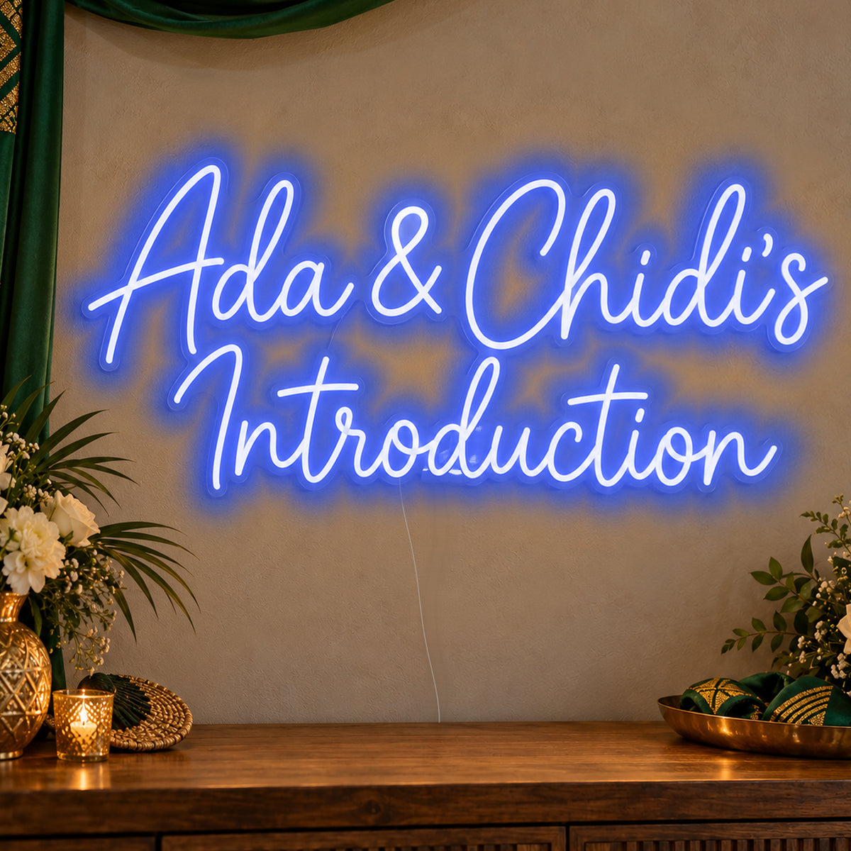 Personalised Introduction Neon Sign in blue LED neon on clear acrylic, angled view