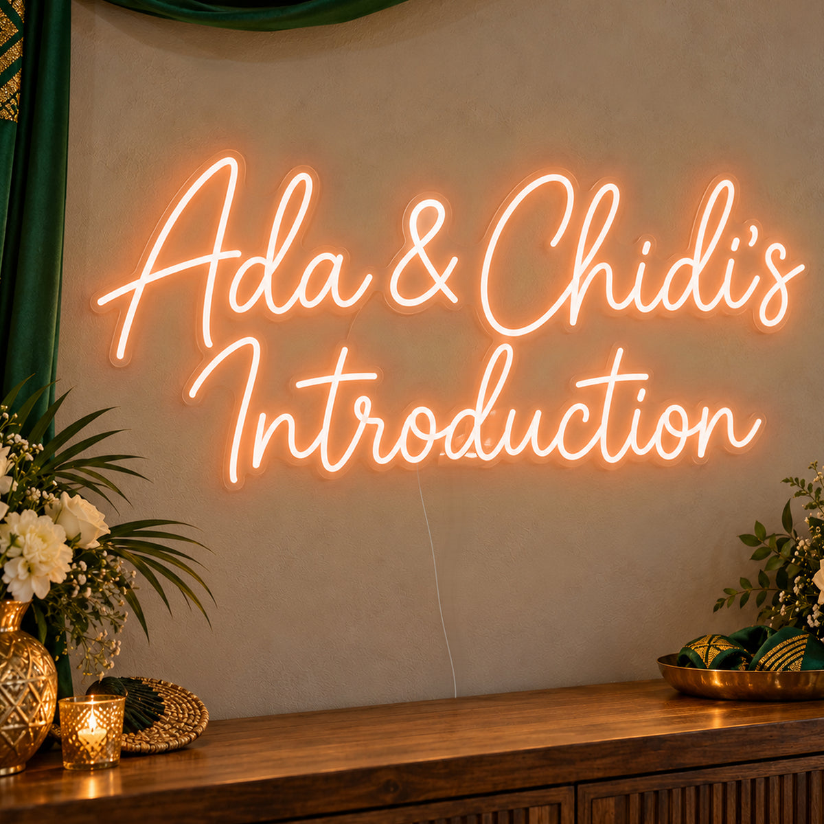 Personalised Introduction Neon Sign in orange LED neon on clear acrylic, angled view