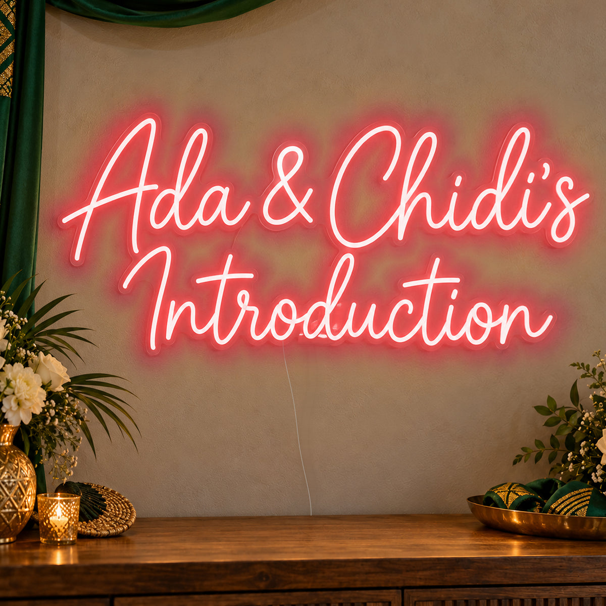 Personalised Introduction Neon Sign in red LED neon on clear acrylic, angled view