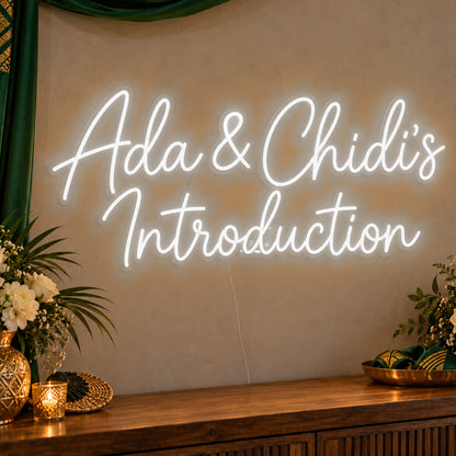 Personalised Introduction Neon Sign in white LED neon on clear acrylic, angled view