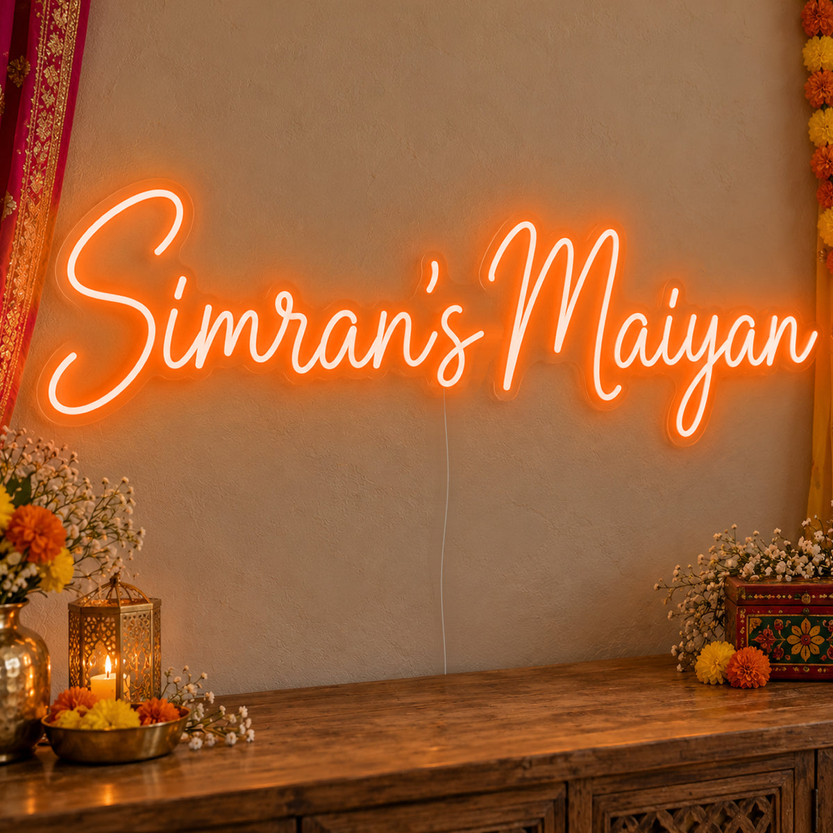 Personalised Maiyan Neon Sign in orange LED neon on clear acrylic, angled view