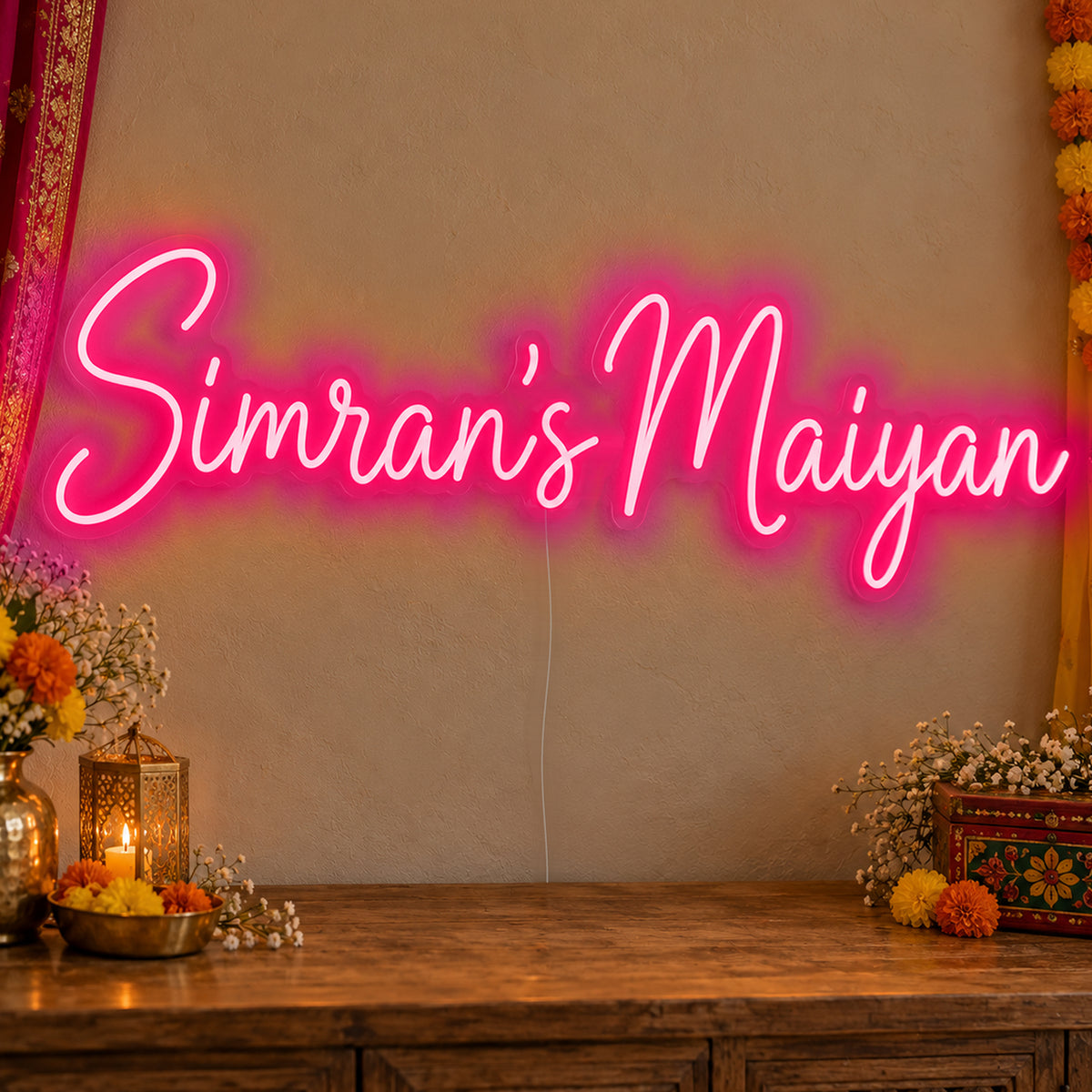 Personalised Maiyan Neon Sign in rose red LED neon on clear acrylic, angled view