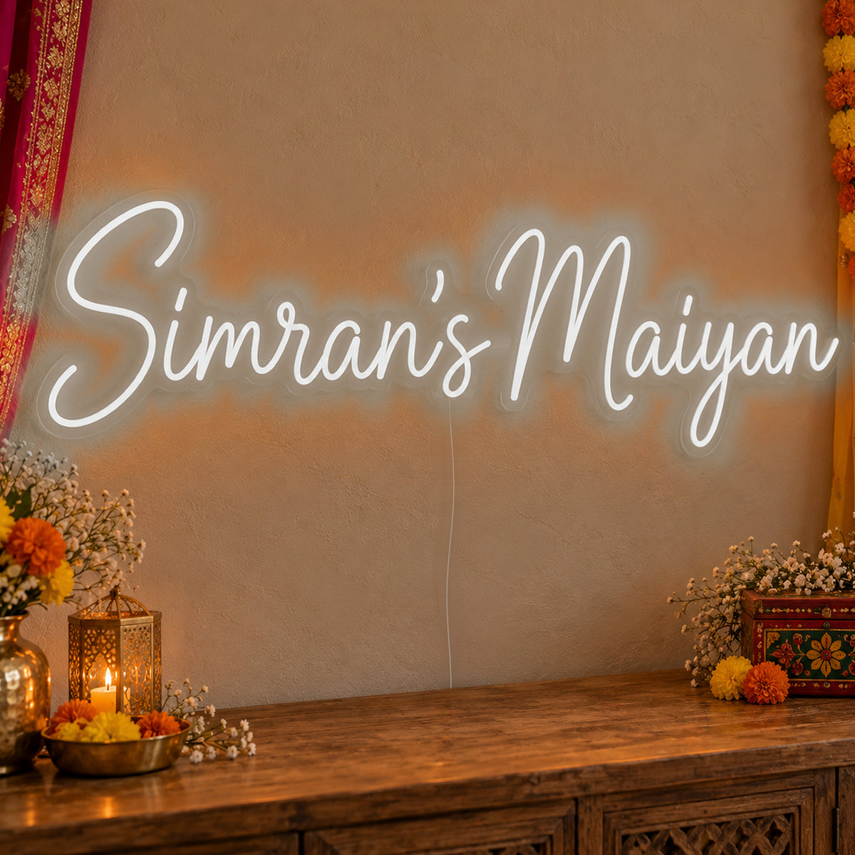 Personalised Maiyan Neon Sign in white LED neon on clear acrylic, angled view