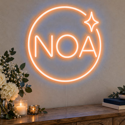 Personalised Mitzvah Party Logo Neon Sign in orange LED neon on clear acrylic, angled view