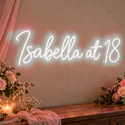 Personalised Name At 18 Neon Sign in white LED neon on clear acrylic, angled view
