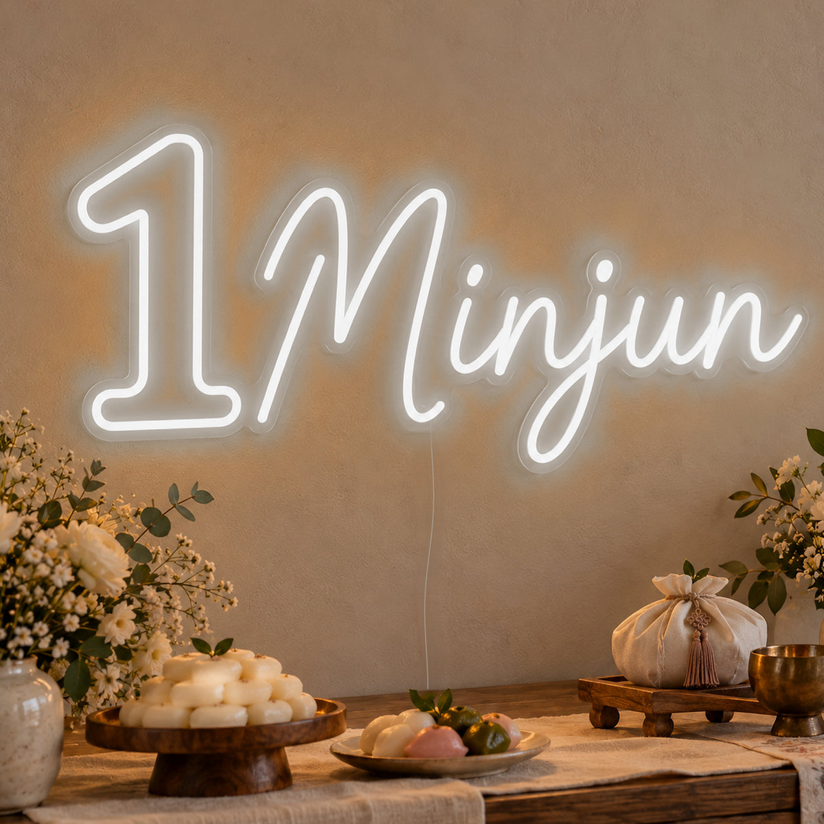 Personalised Name One Neon Sign in white LED neon on clear acrylic, angled view