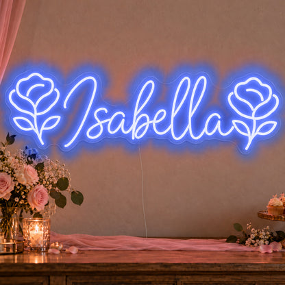 Personalised Name Roses Neon Sign in blue LED neon on clear acrylic, angled view