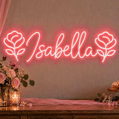 Personalised Name Roses Neon Sign in red LED neon on clear acrylic, angled view