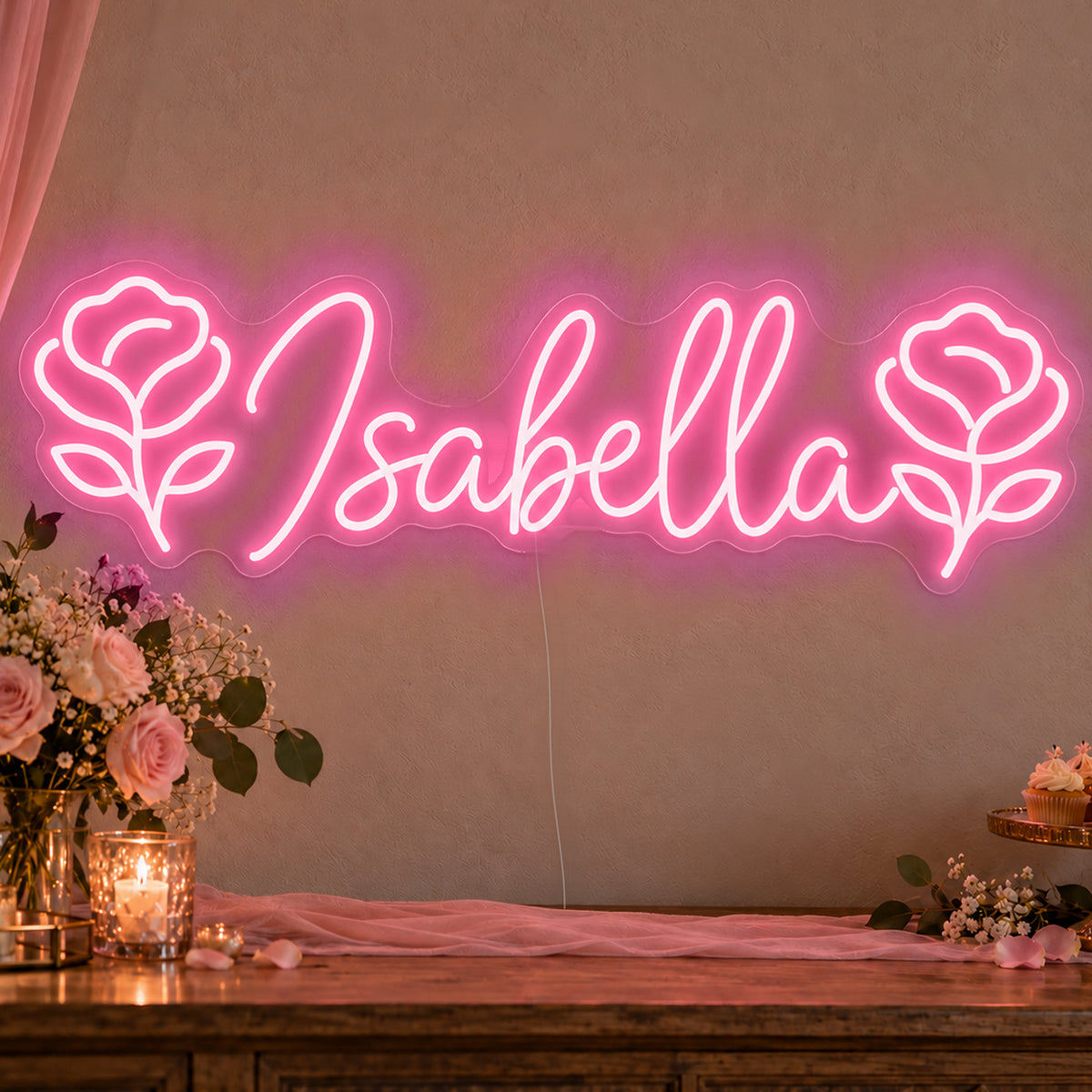 Personalised Name Roses Neon Sign in rose red LED neon on clear acrylic, angled view