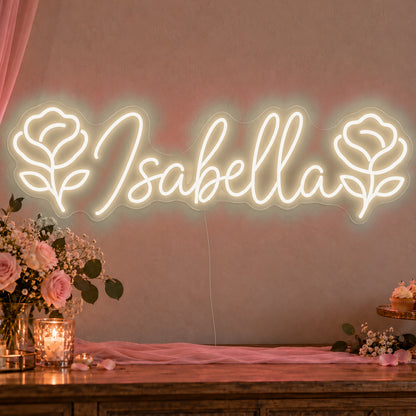 Personalised Name Roses Neon Sign in warm white LED neon on clear acrylic, angled view