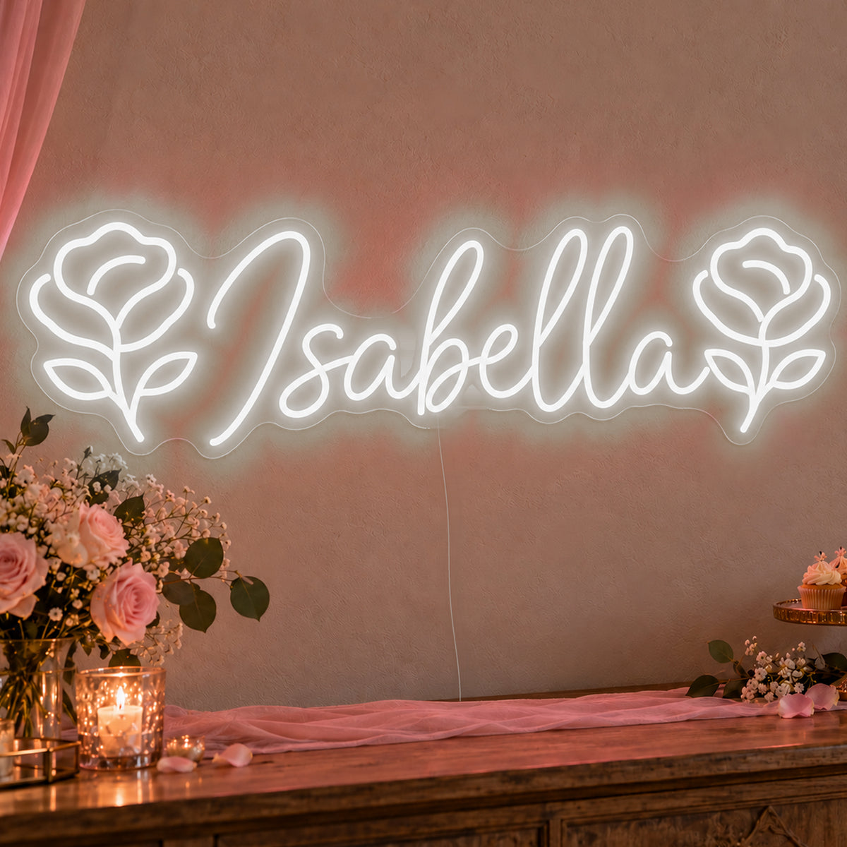 Personalised Name Roses Neon Sign in white LED neon on clear acrylic, angled view