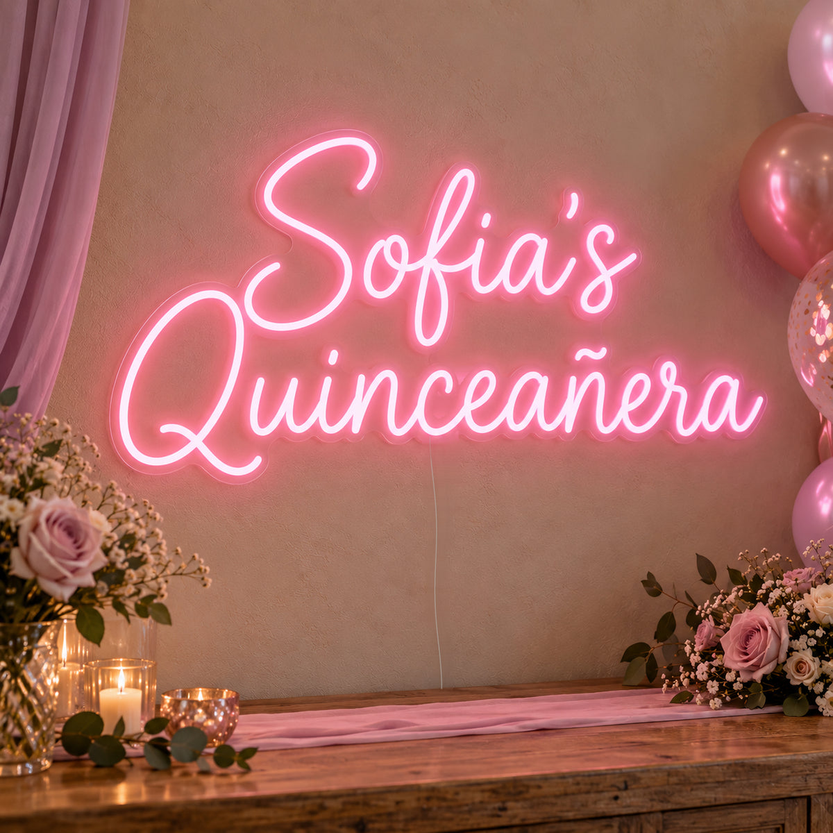 Personalised Quinceañera Neon Sign on clear cut-to-shape acrylic, illuminated on a wall in a styled celebration setting; sample personalised wording shown