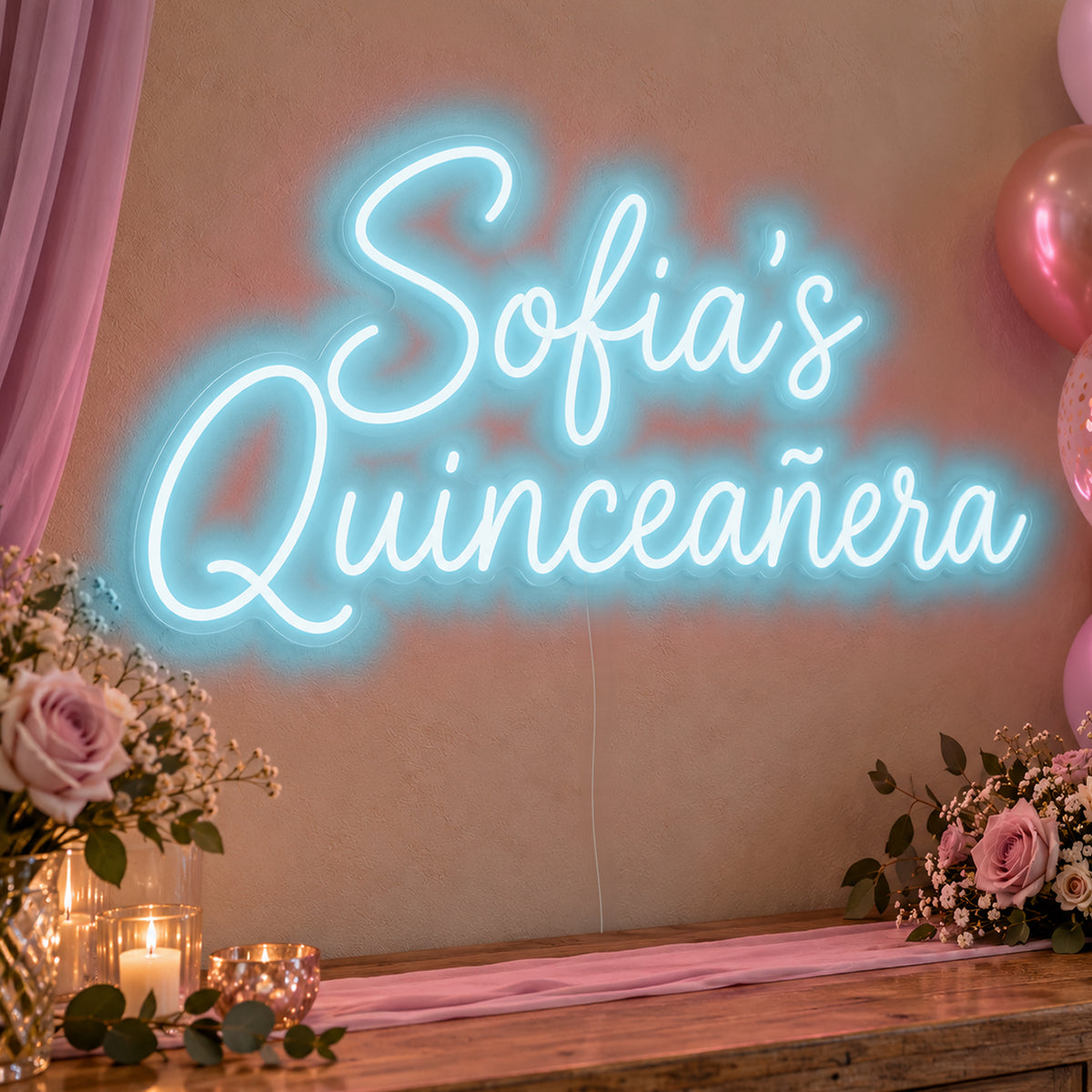 Personalised Quinceañera Neon Sign in ice blue LED neon on clear acrylic, angled view