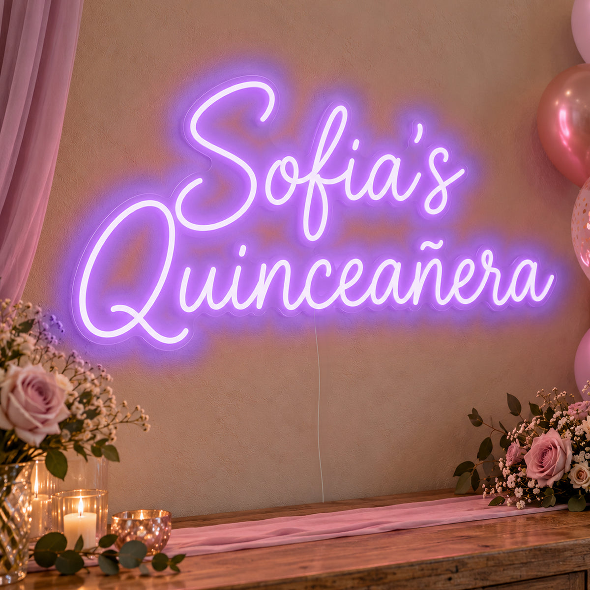 Personalised Quinceañera Neon Sign in purple LED neon on clear acrylic, angled view