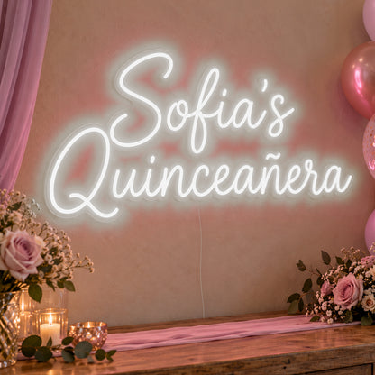 Personalised Quinceañera Neon Sign in white LED neon on clear acrylic, angled view