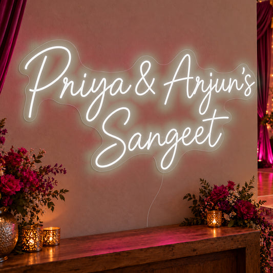 Personalised Sangeet Neon Sign in white LED neon on clear acrylic, angled view