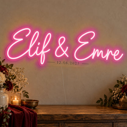 Personalised Turkish Names Date Neon Sign in rose red LED neon on clear acrylic, angled view