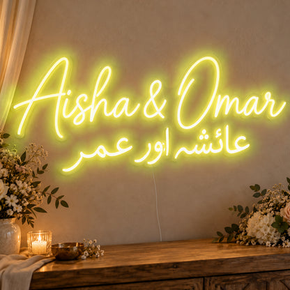 Personalised Two Script Names Neon Sign in yellow LED neon on clear acrylic, angled view