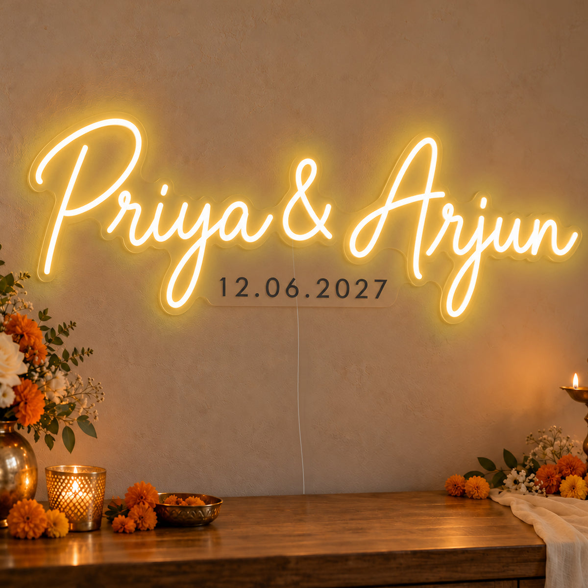 Personalised Wedding Date Neon Sign in gold LED neon on clear acrylic, angled view