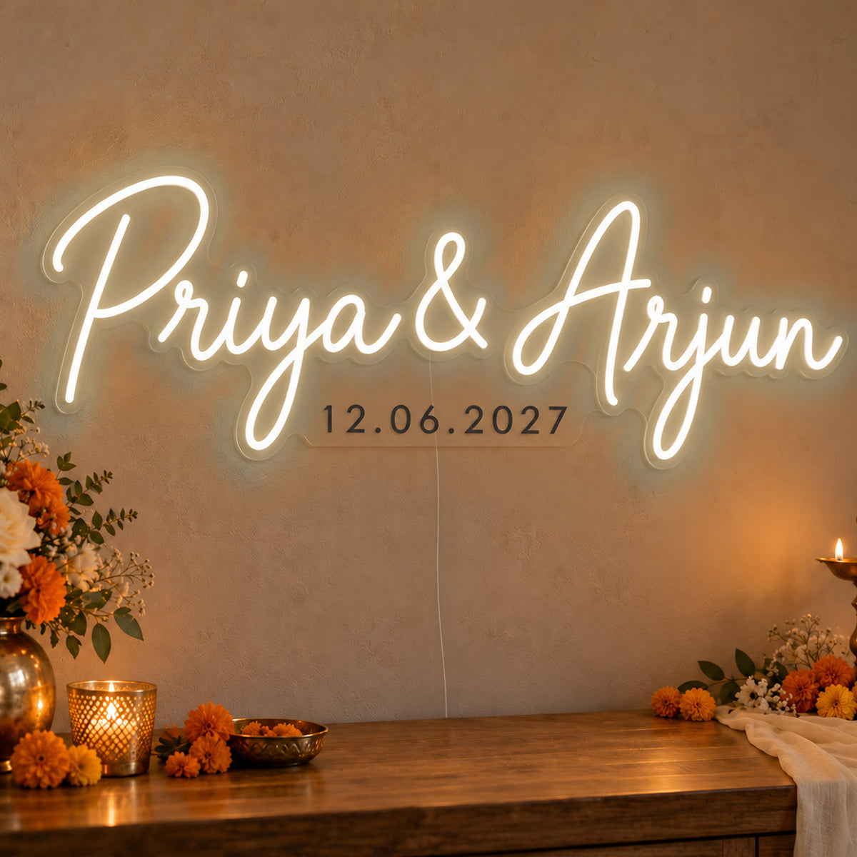 Personalised Wedding Date Neon Sign in warm white LED neon on clear acrylic, angled view