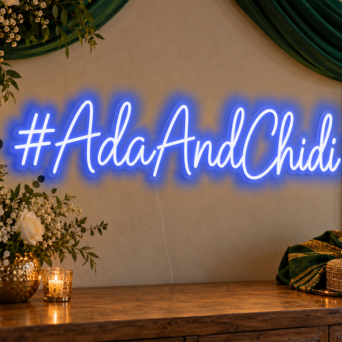 Personalised Wedding Hashtag Neon Sign in blue LED neon on clear acrylic, angled view