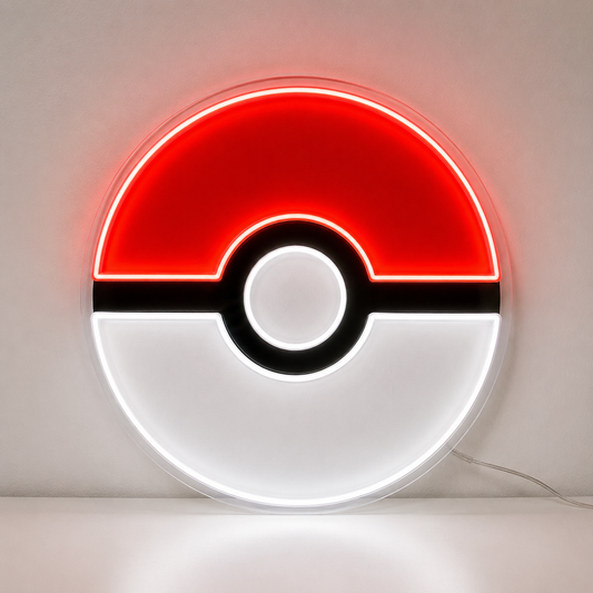 Pokemon Pokeball LED Neon Sign in red and white, featuring a circular Poké Ball design on a light surface.