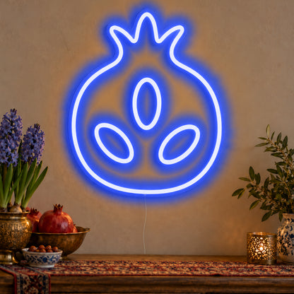 Pomegranate Neon Sign in blue LED neon on clear acrylic, angled view