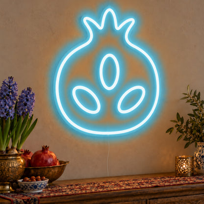 Pomegranate Neon Sign in ice blue LED neon on clear acrylic, angled view
