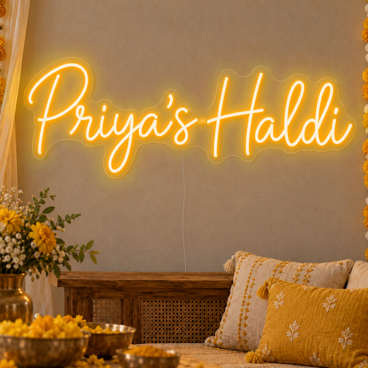 Personalised Haldi Neon Sign in gold LED neon on clear acrylic, angled view