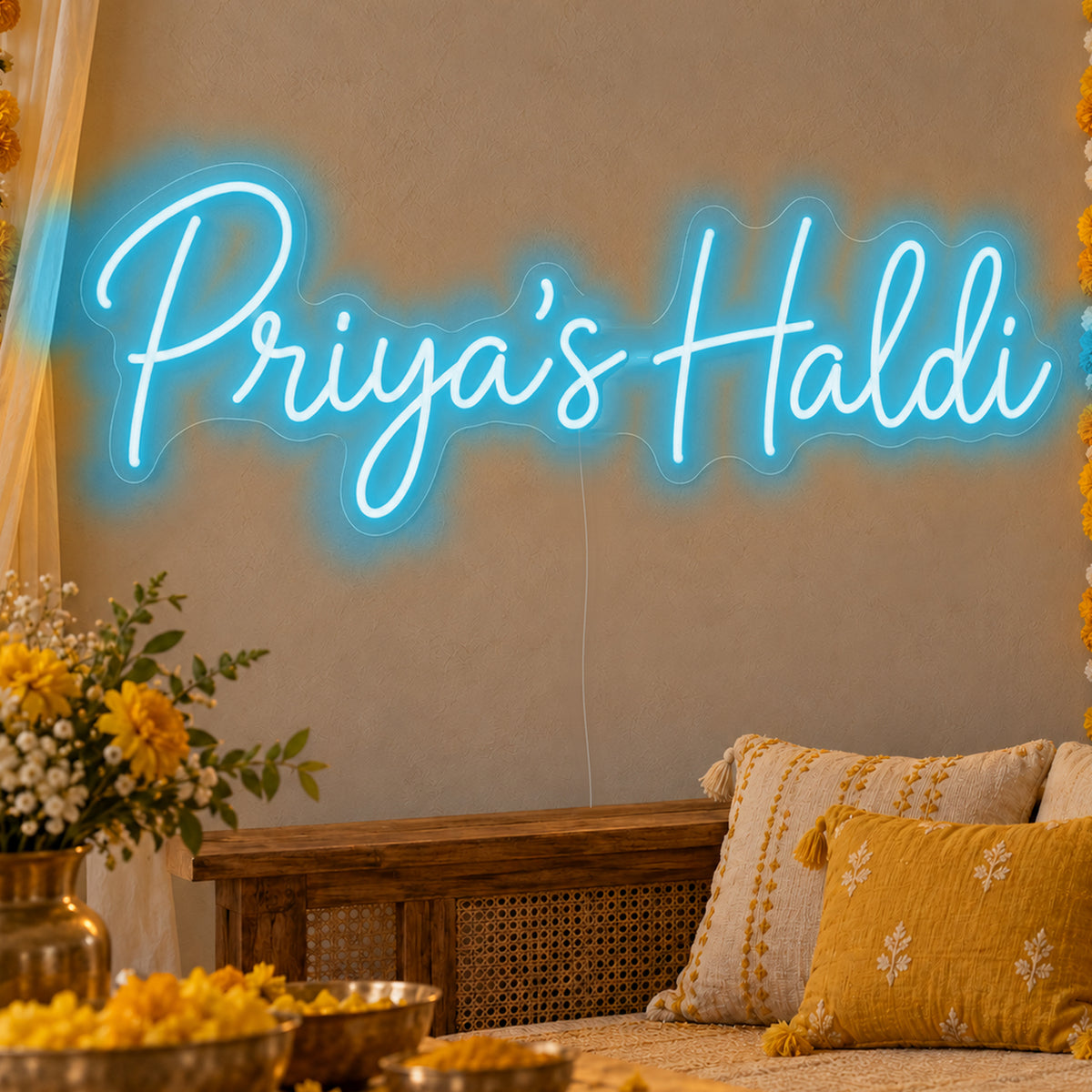 Personalised Haldi Neon Sign in ice blue LED neon on clear acrylic, angled view