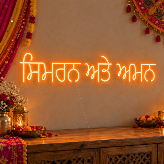 Personalised Punjabi Couple Names Neon Sign on clear cut-to-shape acrylic in an illuminated wall display; example personalisation shown.