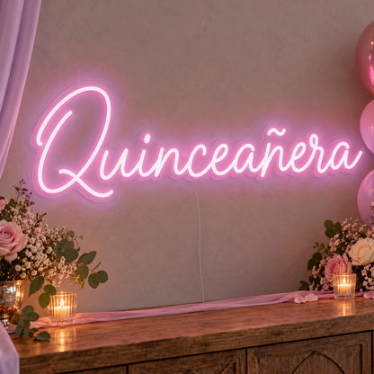Quinceañera Neon Sign in pink LED neon on clear acrylic, angled view