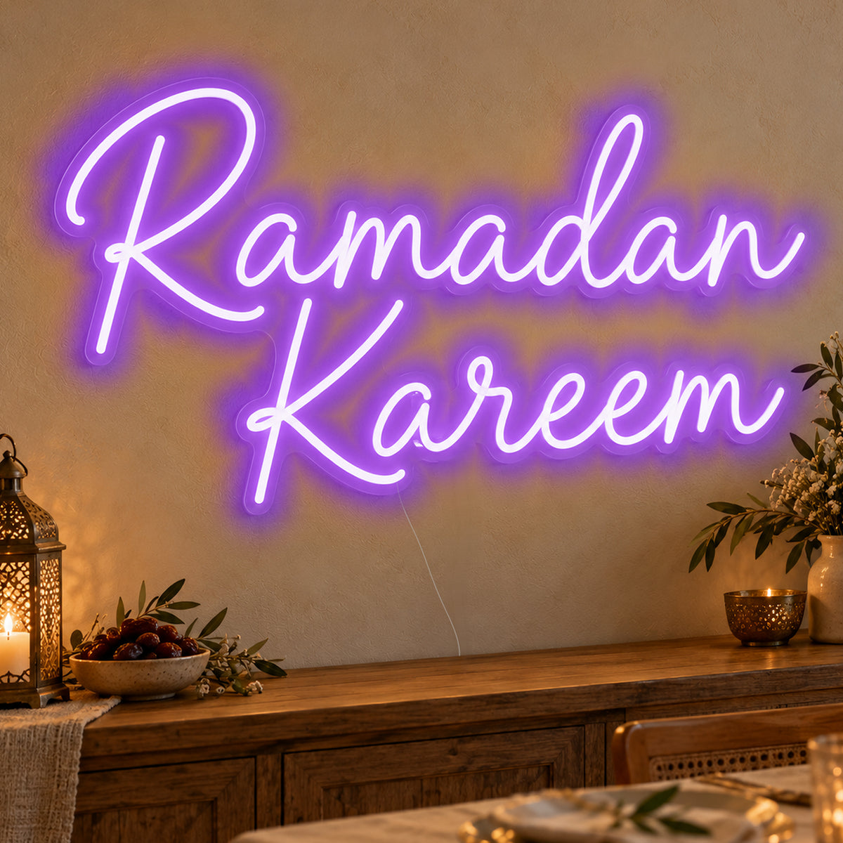Ramadan Kareem Neon Sign in purple LED neon on clear acrylic, angled view