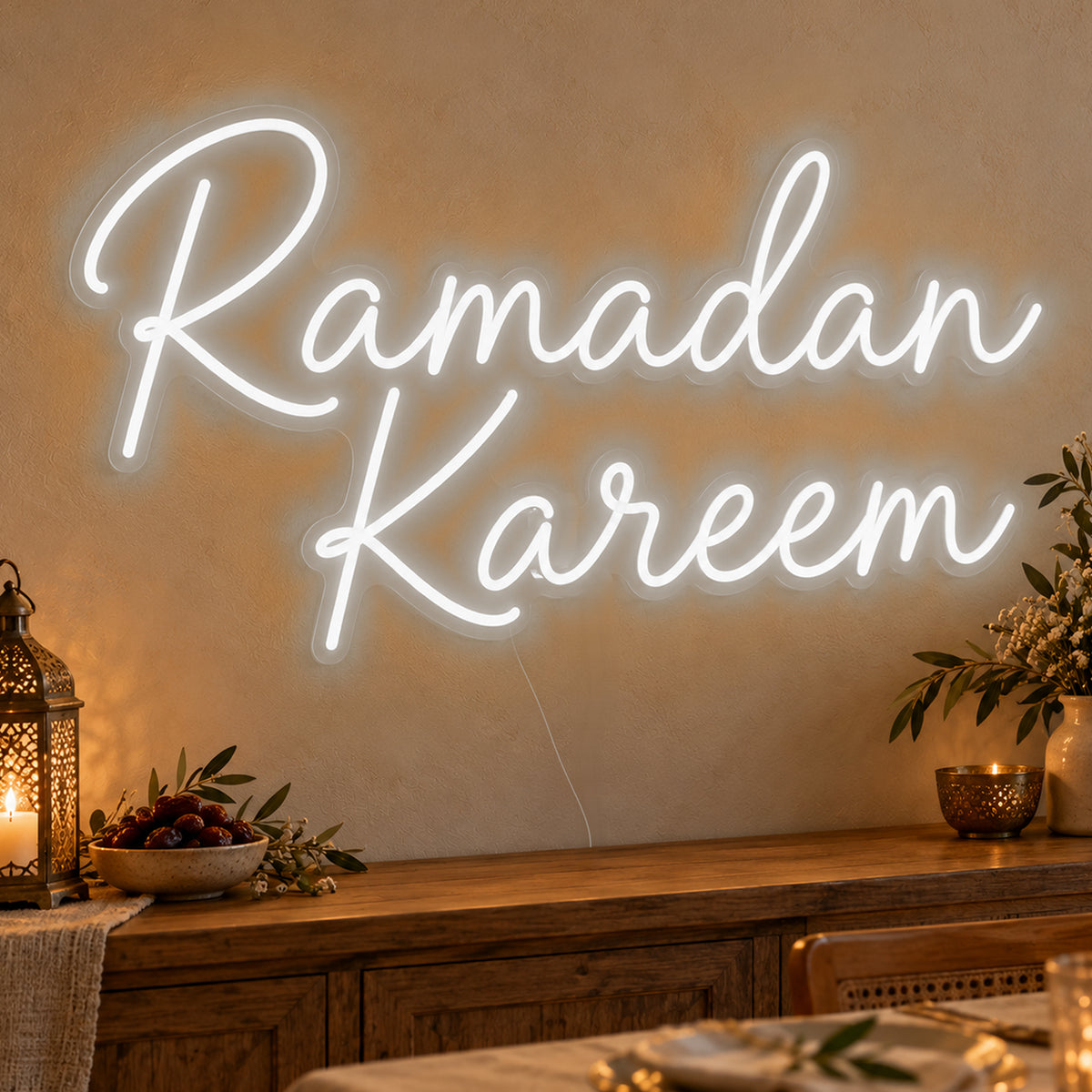 Ramadan Kareem Neon Sign in white LED neon on clear acrylic, angled view