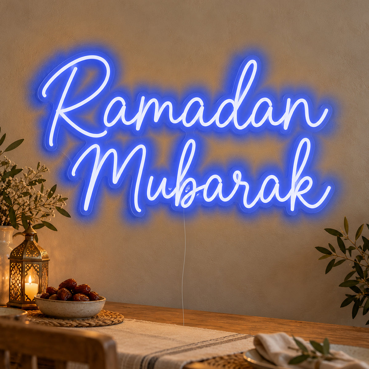 Ramadan Mubarak Neon Sign in blue LED neon on clear acrylic, angled view