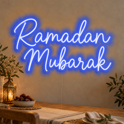 Ramadan Mubarak Neon Sign in blue LED neon on clear acrylic, angled view