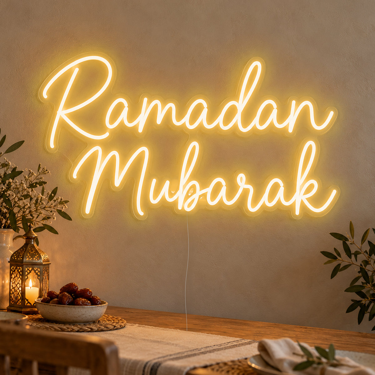 Ramadan Mubarak Neon Sign in gold LED neon on clear acrylic, angled view