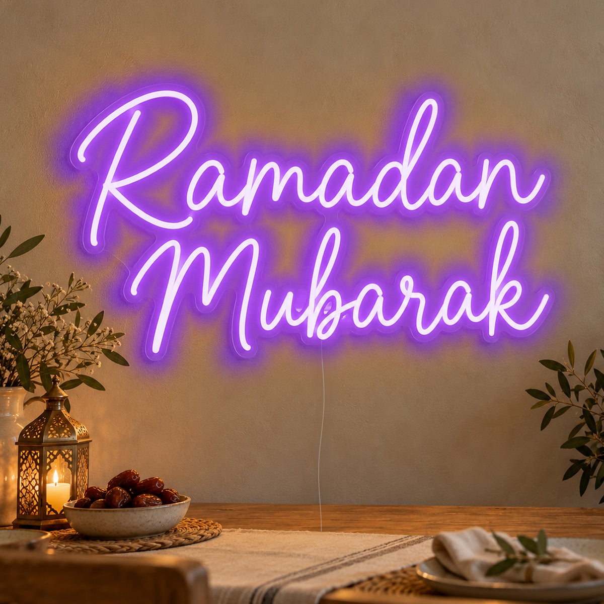 Ramadan Mubarak Neon Sign in purple LED neon on clear acrylic, angled view