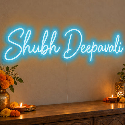 Shubh Deepavali Neon Sign in ice blue LED neon on clear acrylic, angled view