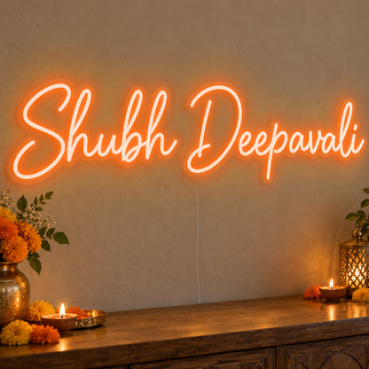 Shubh Deepavali Neon Sign in orange LED neon on clear acrylic, angled view