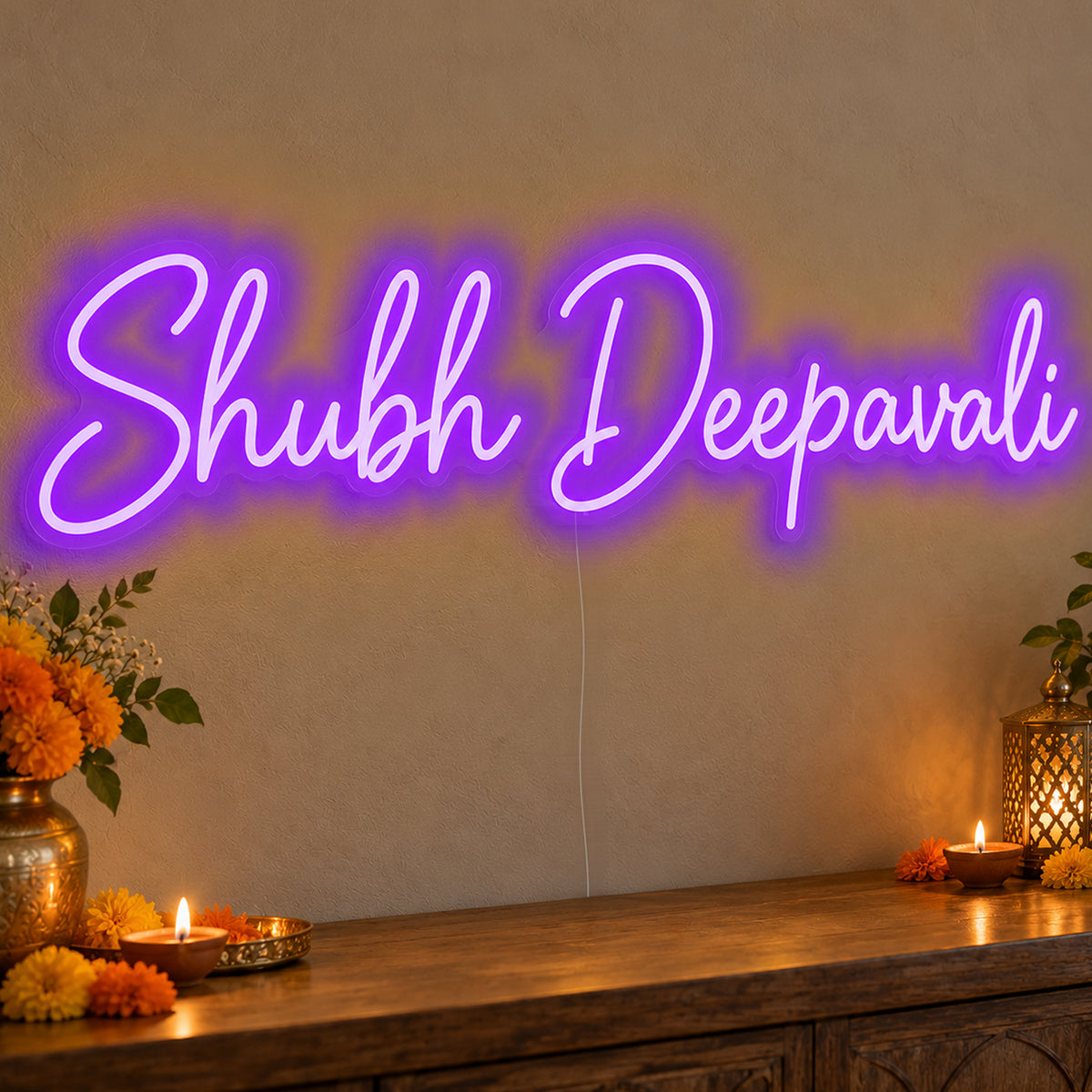 Shubh Deepavali Neon Sign in purple LED neon on clear acrylic, angled view