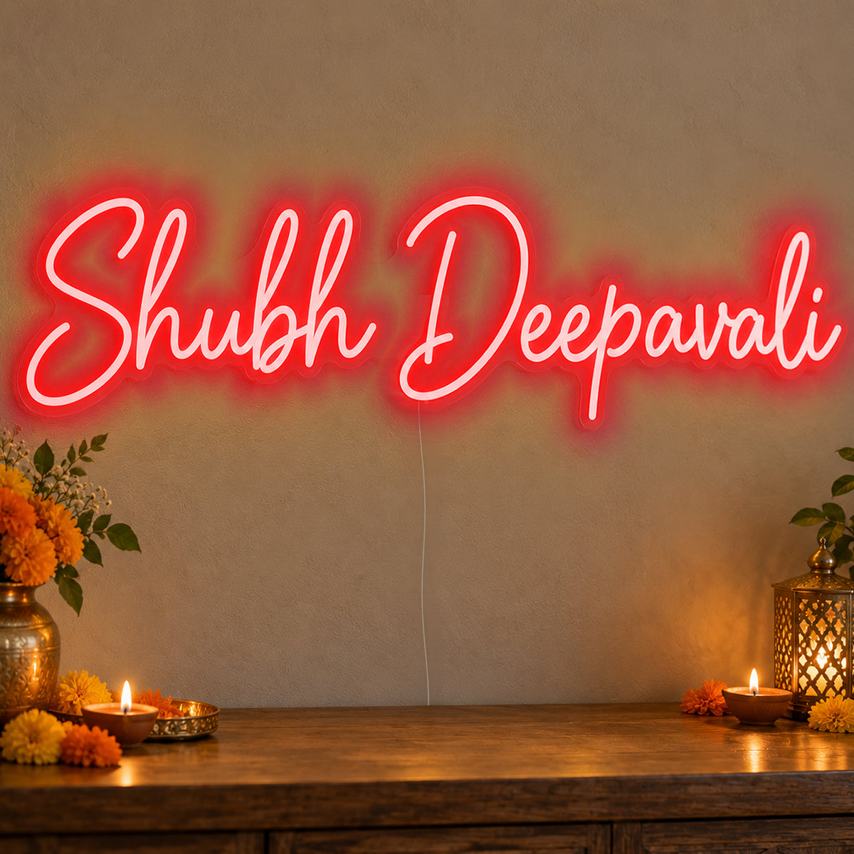 Shubh Deepavali Neon Sign in red LED neon on clear acrylic, angled view