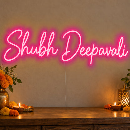 Shubh Deepavali Neon Sign in rose red LED neon on clear acrylic, angled view