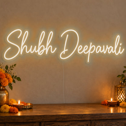 Shubh Deepavali Neon Sign in warm white LED neon on clear acrylic, angled view
