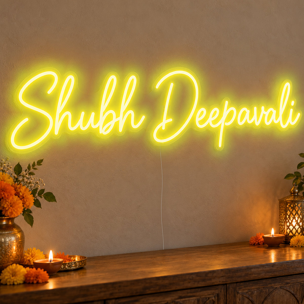 Shubh Deepavali Neon Sign in yellow LED neon on clear acrylic, angled view