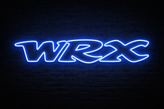 Blue Subaru WRX old logo inspired LED neon sign on garage wall, custom car neon sign Australia by Neon Lanes.