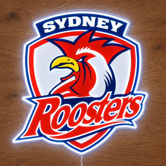 Sydney Roosters Neon Sign, featuring illuminated team logo on a wooden surface.