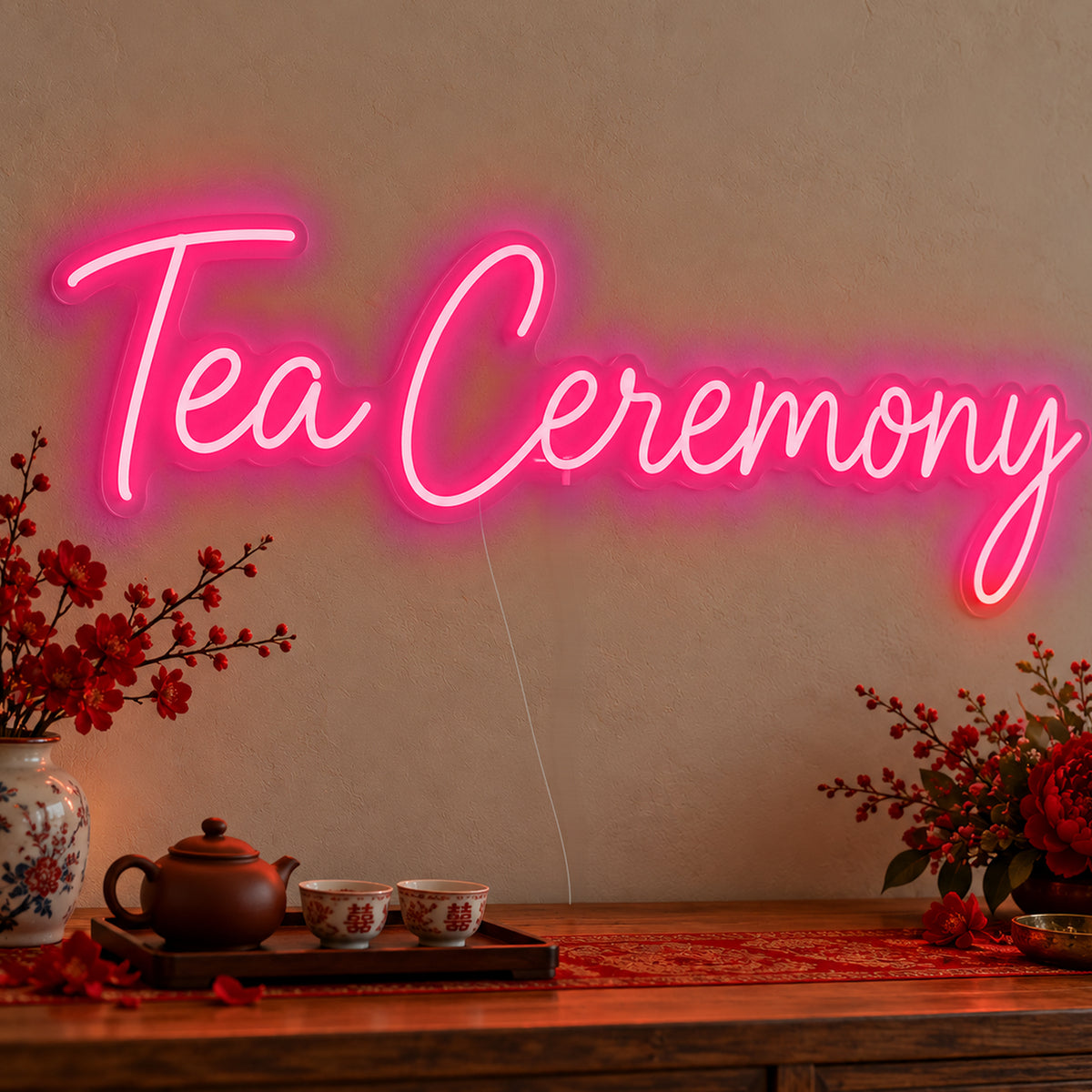 Tea Ceremony Neon Sign in rose red LED neon on clear acrylic, angled view