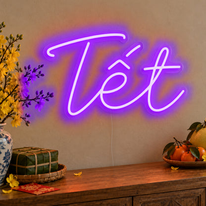 Tết Neon Sign in purple LED neon on clear acrylic, angled view
